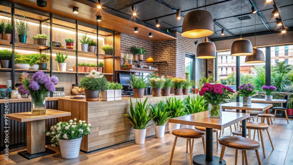 Fototapeta premium Floral interior design in a modern cafe with plants in decorative pots