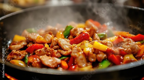 A close-up of a sizzling pan with a delicious stir-fry, showing vibrant vegetables and tender meat cooking in a hot, bubbling sauce.