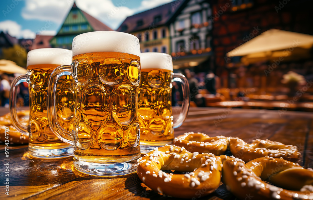 Mugs of freshly beer with the pretzels on the table in the German  beer garden