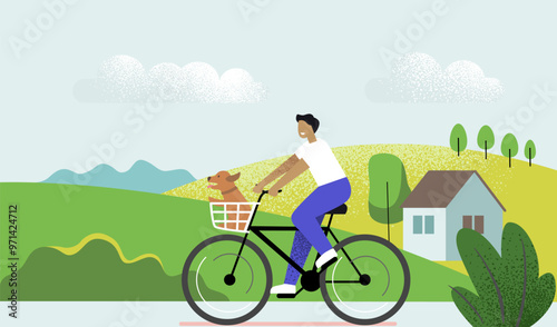 man rides bicycle through landscape on a sunny day. Vector flat