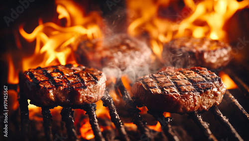 Juicy grilled beef steaks sizzling on outdoor grill with fire