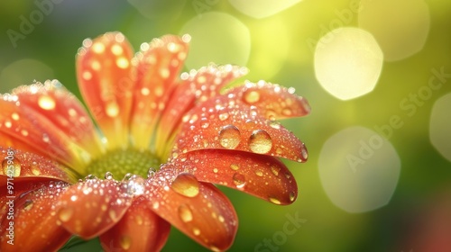 A close-up of a vibrant flower with delicate dew drops on its petals, glistening in the early morning light, set against a blurred green background. photo