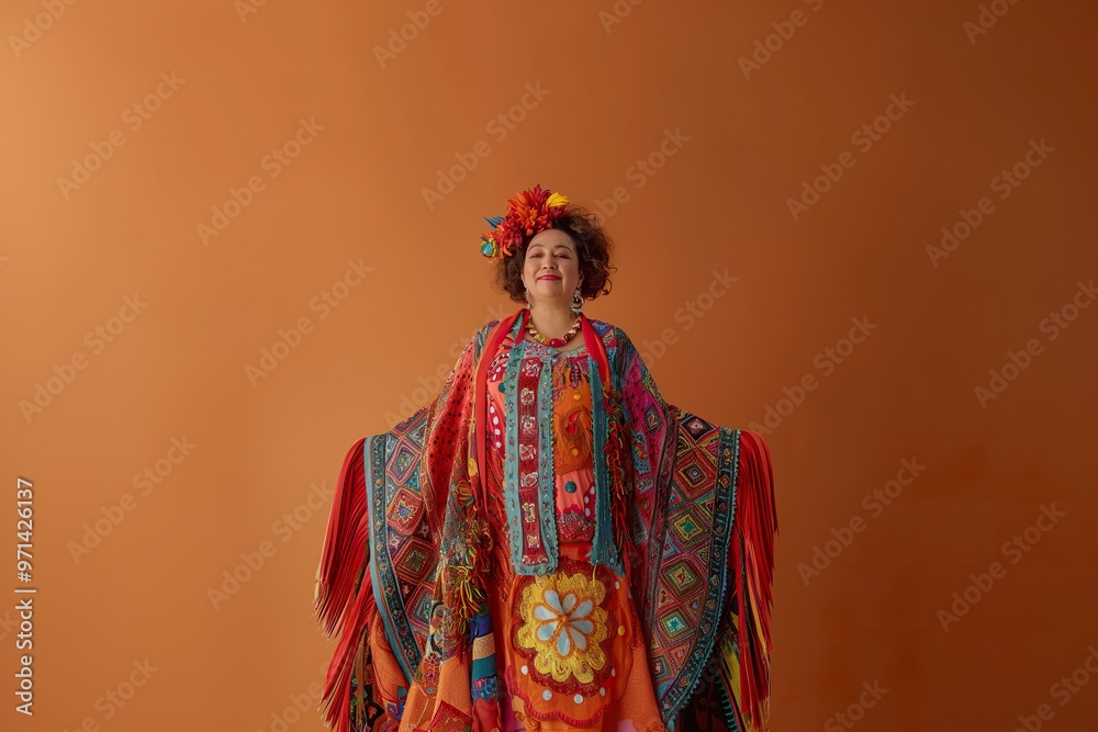 Obraz premium A confident plus-size fashion model poses in vibrant traditional attire against a warm orange backdrop during a contemporary photo shoot