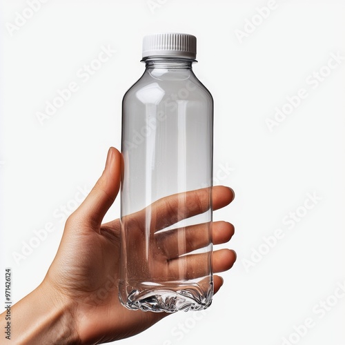 Empty Transparent Plastic Bottle on Hand created with Generative AI