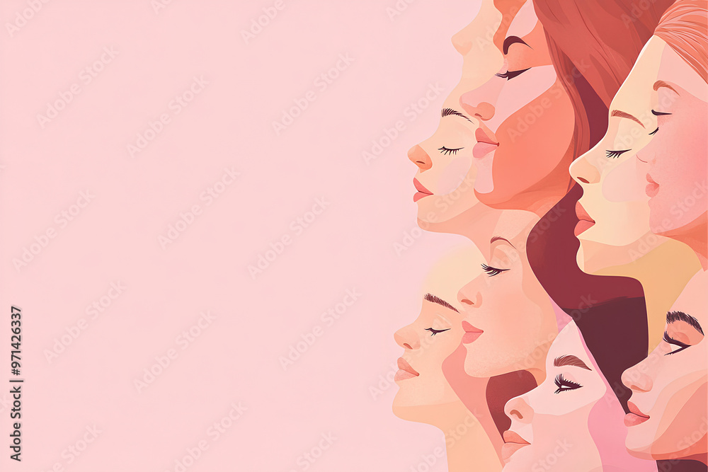 A colorful illustration of diverse women's profiles against a pink background. A colorful illustration of diverse women's profiles against a pink background.