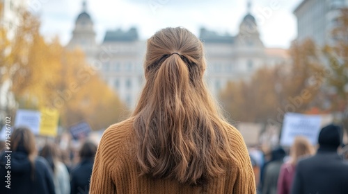 Back view of a woman standing in the crowd of the rally