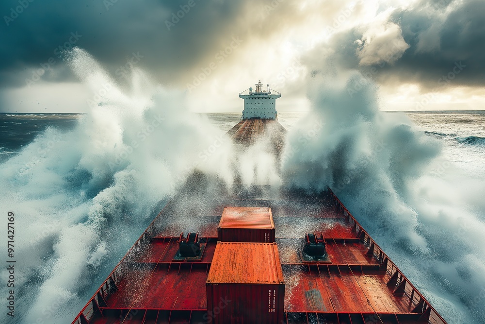 Waves Crashing Around A Large Cargo Ship Amid Stormy Skies During Rough 