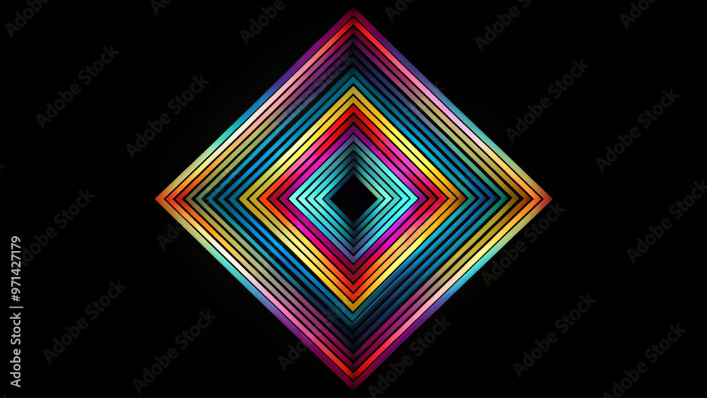 Vibrant abstract rhombus design featuring colorful lines on black background, creating striking visual effect that captivates viewers attention