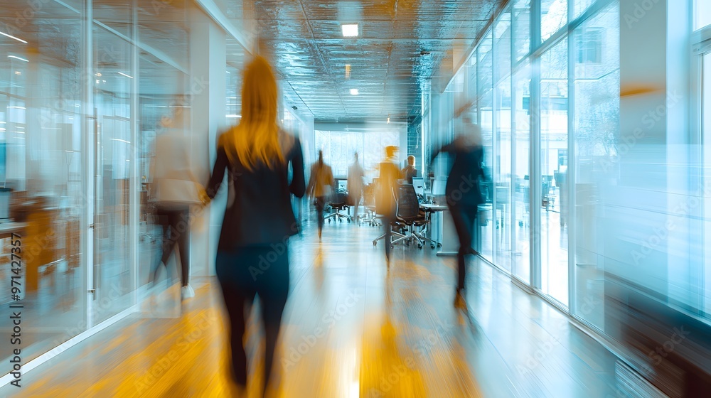 Blurry Figures Walking Through a Modern Office Hallway Blurry Figures Walking Through a Modern Office Hallway