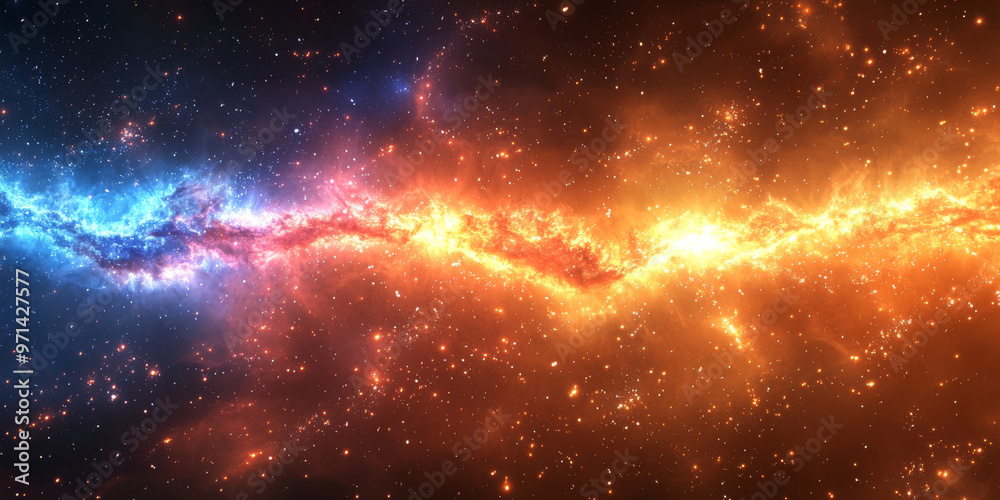 Obraz premium A vibrant nebula with streaks of blue and orange light.