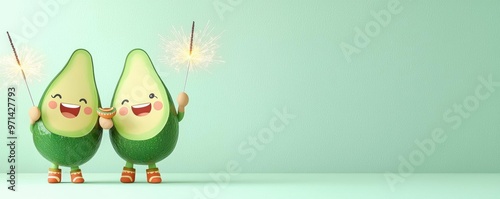 Avocado characters holding sparklers, celebrating Diwali with big smiles and festive vibes The quirky and fun illustration merges healthy eating with the joy of Diwali lights