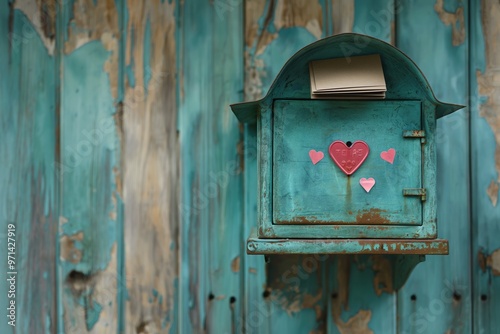 Teal mailbox adorned with love letters resting against a weathered wooden wall in a quaint setting