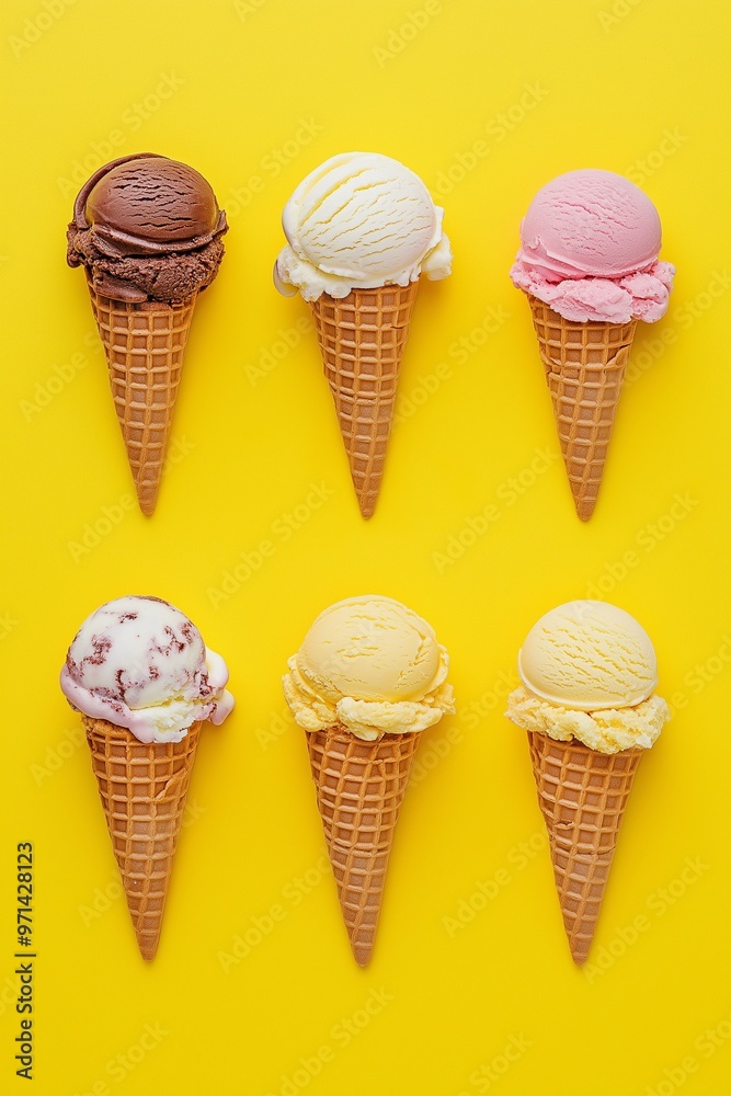 Ice cream cones with various flavors on a yellow background Ice cream cones with various flavors on a yellow background