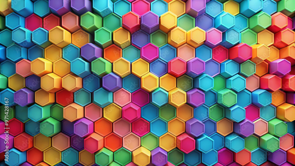 Colorful hexagon texture creates vibrant and playful background, showcasing mix of bright colors like pink, blue, green, and yellow. This lively design adds energy and joy to any project Colorful hexagon texture creates vibrant and playful background, showcasing mix of bright colors like pink, blue, green, and yellow. This lively design adds energy and joy to any project