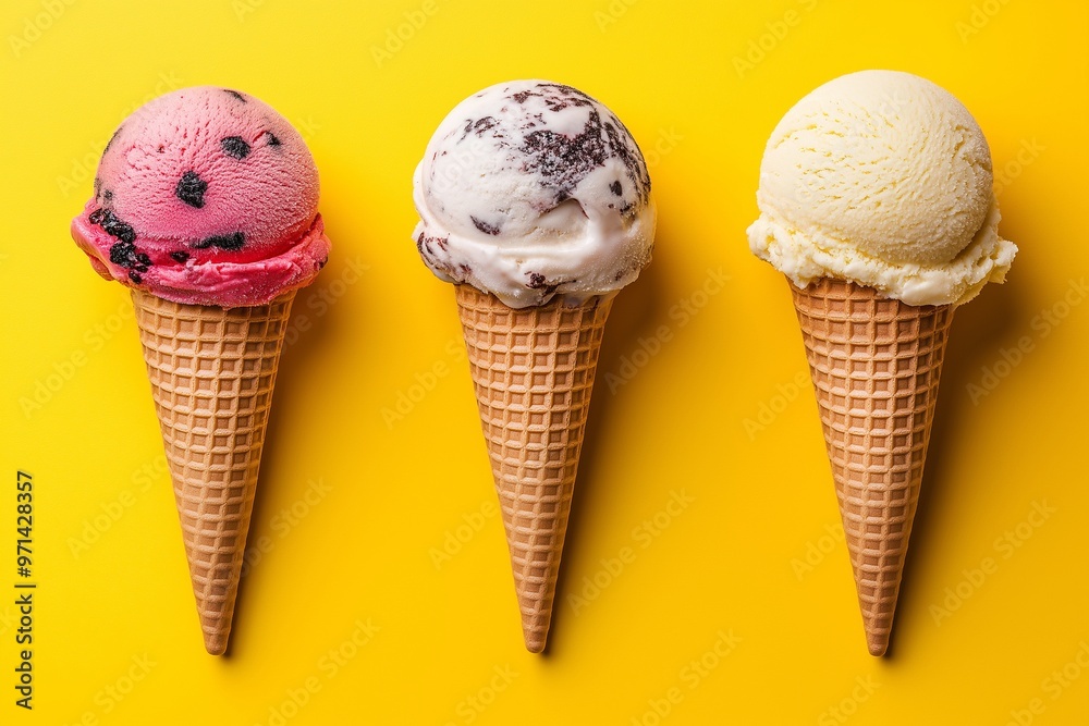 Ice cream cones with various flavors on a yellow background Ice cream cones with various flavors on a yellow background