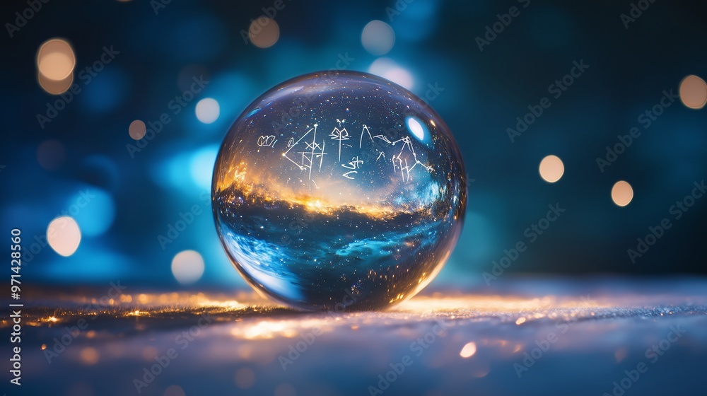 A crystal ball resting on a reflective surface surrounded by shimmering lights and mystical symbols, creating an enchanting atmosphere at dusk A crystal ball resting on a reflective surface surrounded by shimmering lights and mystical symbols, creating an enchanting atmosphere at dusk