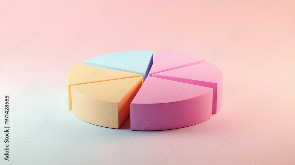 Obraz premium A creative 3D pie chart in pastel colors, each segment slightly tilted for emphasis, set against a soft gradient background, representing data visualization in a minimalistic design