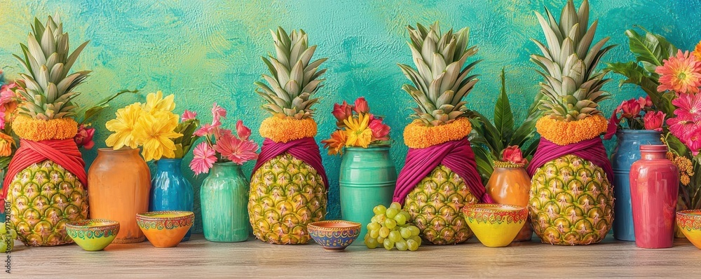 Pineapples dressed in traditional Indian turbans Pineapples dressed in traditional Indian turbans