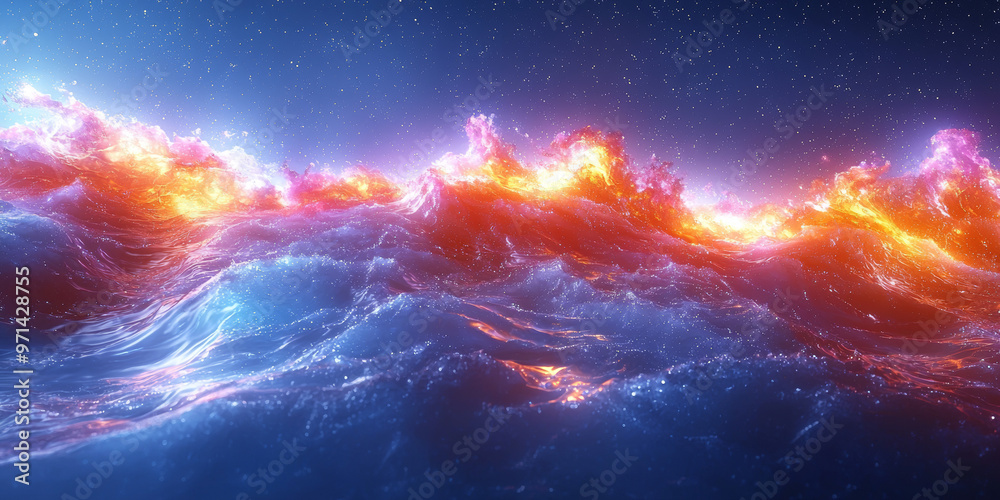 Fototapeta premium Abstract fiery waves with a starry sky background.