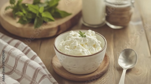 Fresh Cream in a Bowl with Mint Garnish