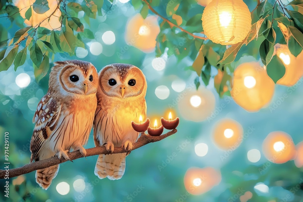 Obraz premium Wise owls perched on tree branches, gently holding glowing diyas in their claws The serene night sky and lanterns create a calm yet festive Diwali atmosphere