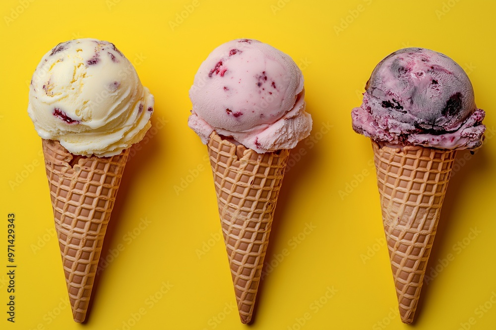 Ice cream cones with various flavors on a yellow background