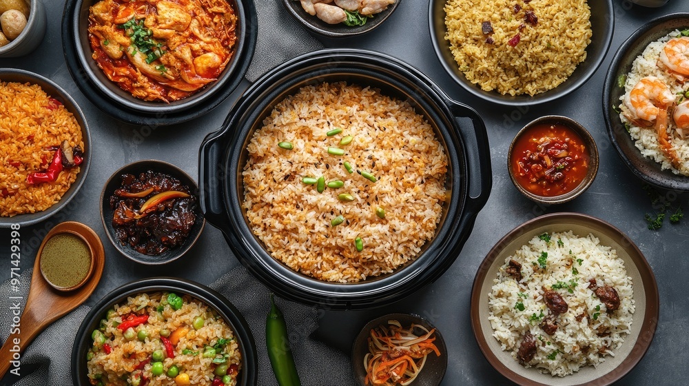 A creative flat lay of a rice cooker with a variety of cooked rice dishes arranged around it, including rice pilaf, fried rice, and rice pudding. A creative flat lay of a rice cooker with a variety of cooked rice dishes arranged around it, including rice pilaf, fried rice, and rice pudding.