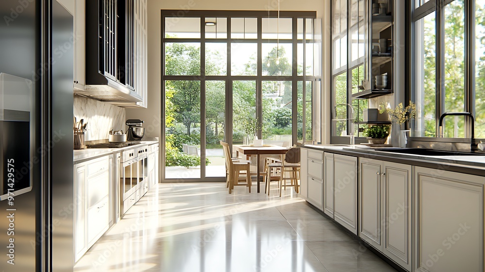 A modern kitchen with white cabinets and a large window overlooking a ...