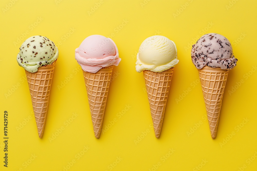 Ice cream cones with various flavors on a yellow background Ice cream cones with various flavors on a yellow background