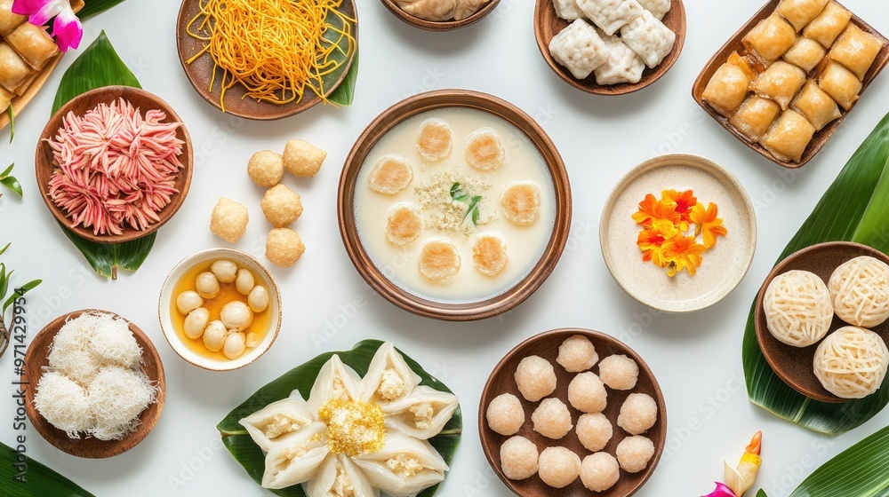 A creative flat lay of assorted Thai desserts, including tub tim grob (water chestnuts in coconut milk) and golden threads, arranged on a white background for a colorful display. A creative flat lay of assorted Thai desserts, including tub tim grob (water chestnuts in coconut milk) and golden threads, arranged on a white background for a colorful display.