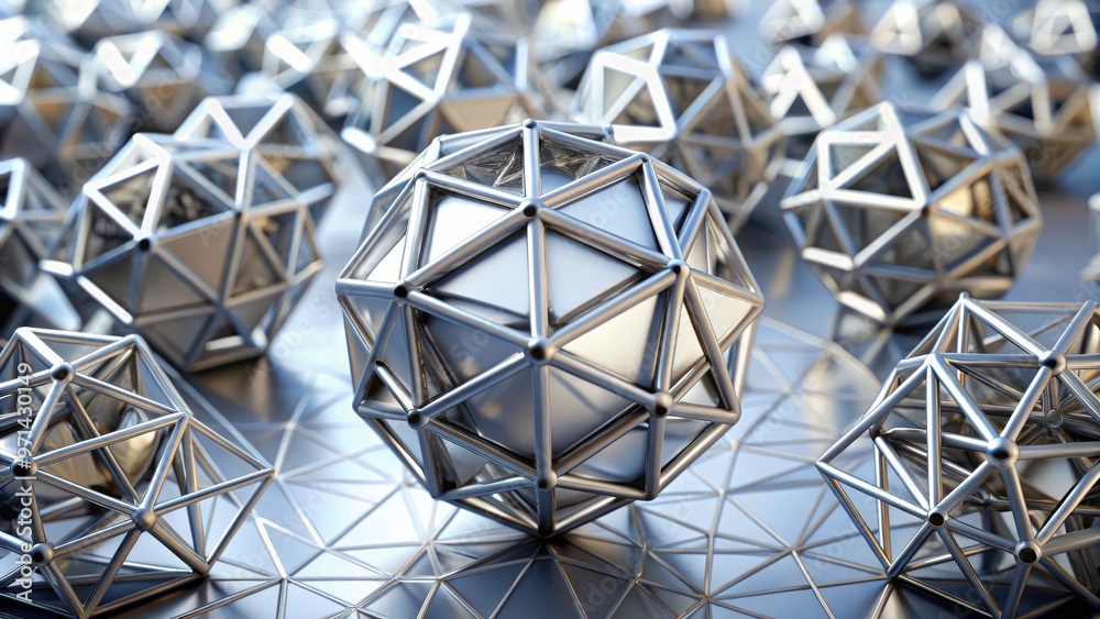 image showcases captivating array of polyhedra in space, featuring intricate geometric shapes and metallic textures that create visually striking composition image showcases captivating array of polyhedra in space, featuring intricate geometric shapes and metallic textures that create visually striking composition