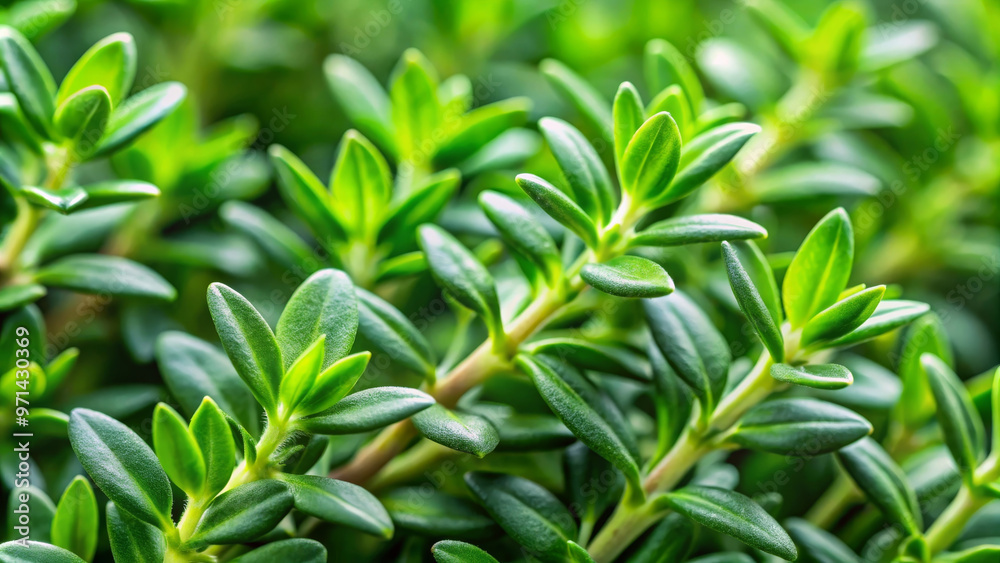 Fresh thyme leaves are vibrant and lush, showcasing their rich green color and delicate texture. This close up captures essence of this aromatic herb, perfect for culinary uses Fresh thyme leaves are vibrant and lush, showcasing their rich green color and delicate texture. This close up captures essence of this aromatic herb, perfect for culinary uses