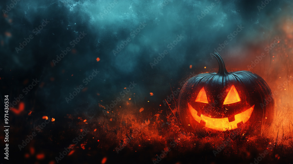 A Halloween pumpkin in a dark, foggy night, with glowing fire and smoke, creating a Halloween-themed background, Generative AI A Halloween pumpkin in a dark, foggy night, with glowing fire and smoke, creating a Halloween-themed background, Generative AI
