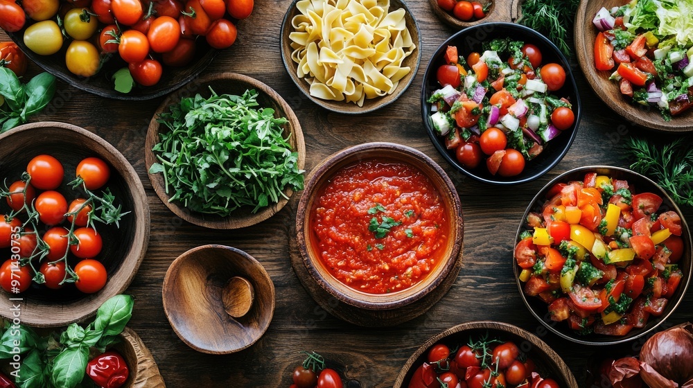 A creative flat lay of tomato-based dishes, such as salsa, pasta sauce, and a fresh tomato salad, arranged on a wooden table to showcase culinary uses A creative flat lay of tomato-based dishes, such as salsa, pasta sauce, and a fresh tomato salad, arranged on a wooden table to showcase culinary uses