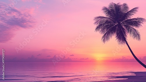 Coastal view with a palm tree and pastel purple sunset pastel color background with space for text.