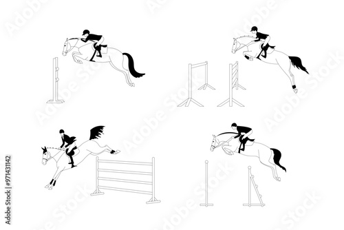 Equestrian jump illustrations showing horse and rider clearing obstacles in different positions