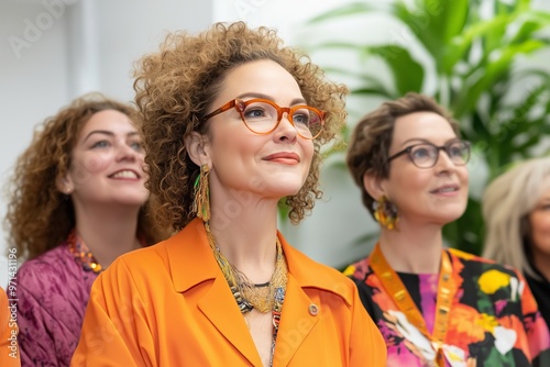 A diverse group of women smiling and attentively listening at a professional or social gathering.