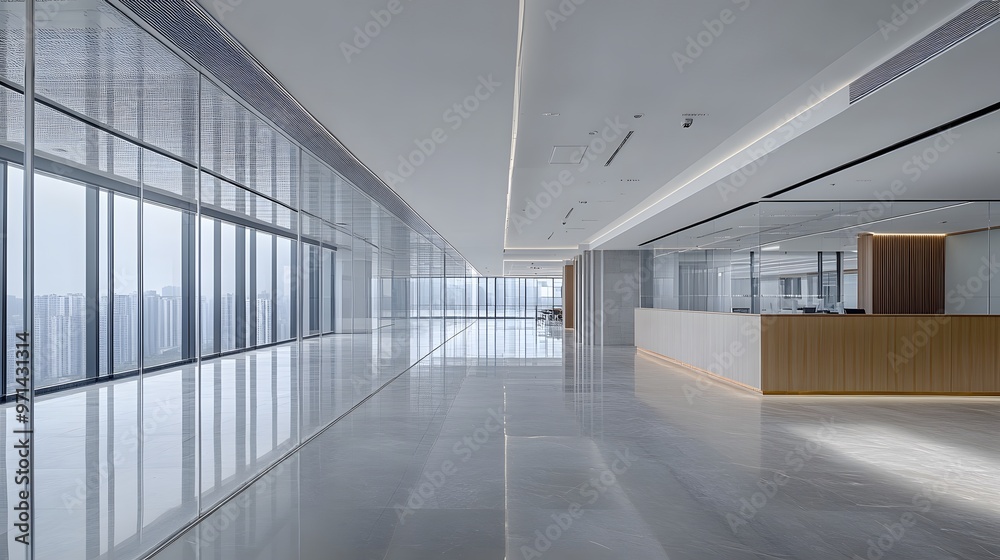 Modern Office Hallway with Glass Walls and City View Modern Office Hallway with Glass Walls and City View