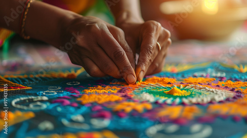 Close-up of a woman's hands creating a colorful Rangoli with intricate designs.