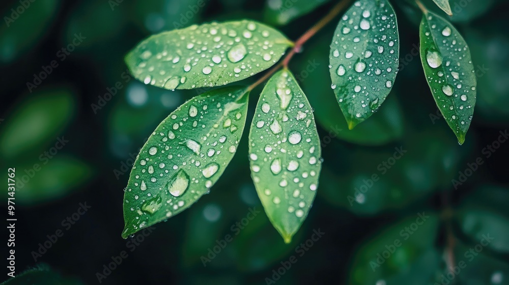 A detailed shot of a leaf with dew drops in a rain-drenched garden, showcasing the natural beauty and resilience of plants in wet conditions.
