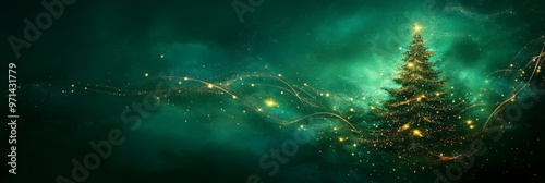 A luxurious Christmas scene with a golden glittery green Christmas tree, and softly glowing bokeh lights.
