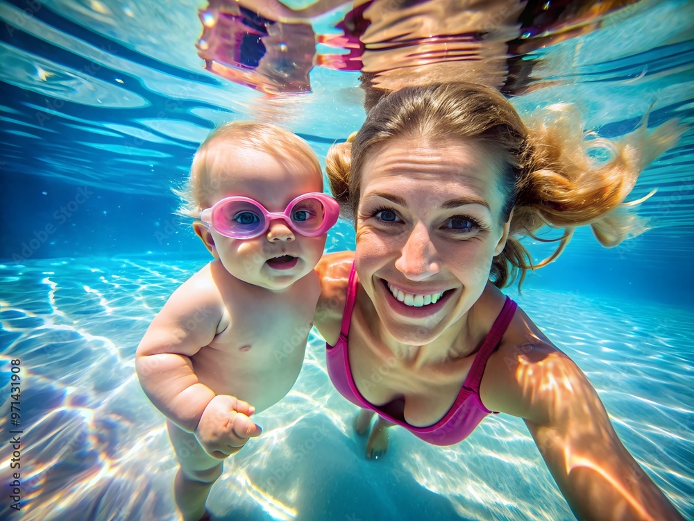 mother and baby in the pool, learning to swim underwater mother and baby in the pool, learning to swim underwater