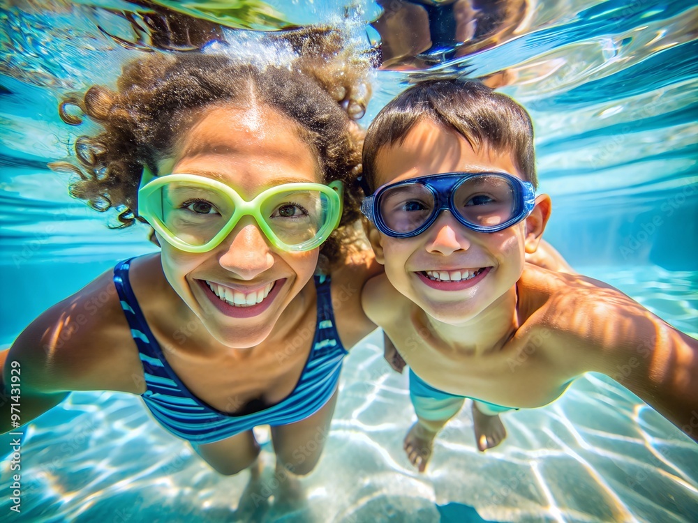 Fototapeta premium parent and child in the pool swim underwater