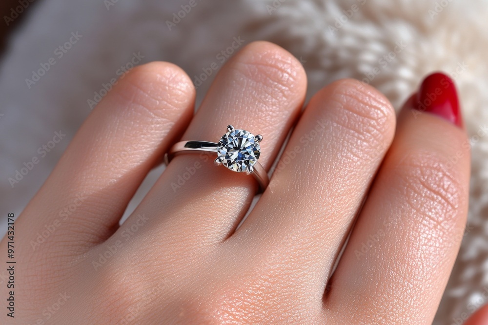 A hand with red fingernails delicately placing a diamond ring on the finger, against a soft, velvety background