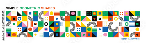 Abstract modern background with geometric shapes. Squares, circles, triangles, stripes. Bauhaus style. Set with graphic elements. Seamless pattern. Design in minimal flat style. Vector illustration.