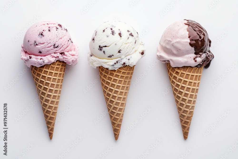 Ice cream cones with various flavors isolated on background Ice cream cones with various flavors isolated on background