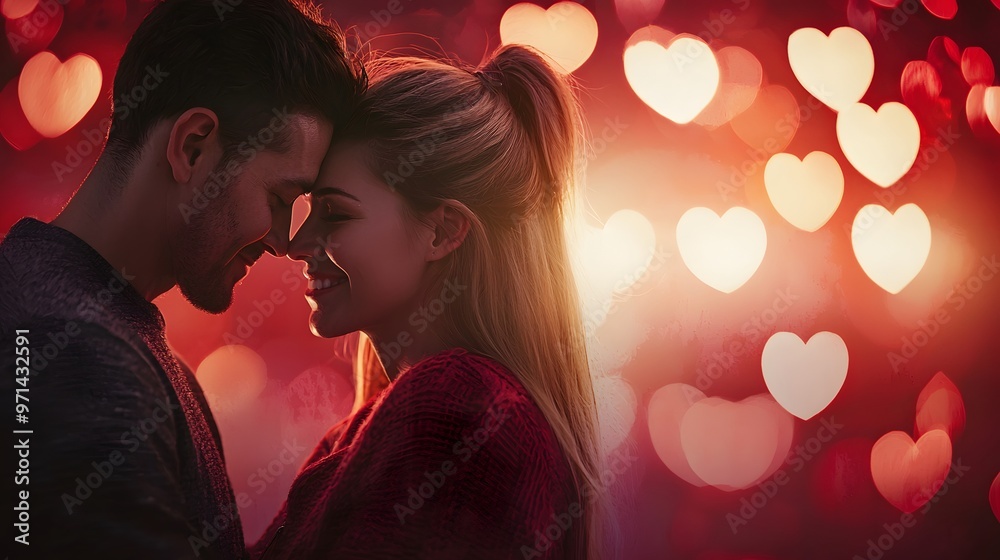 Mature smiling couple seeing each other and standing forehead to forehead with heart shaped background. Happy marriage and relationship. National First Love Day Mature smiling couple seeing each other and standing forehead to forehead with heart shaped background. Happy marriage and relationship. National First Love Day