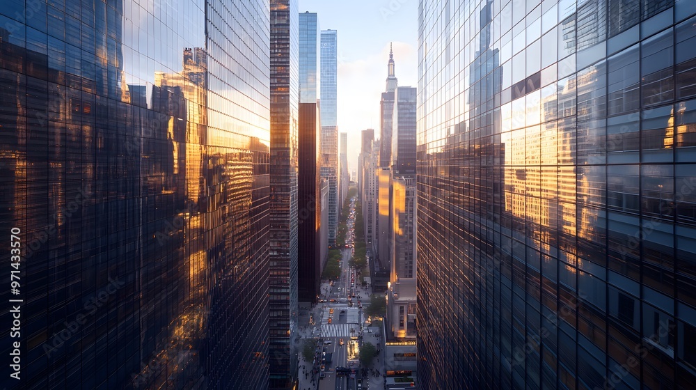 A high-angle view of a city street with skyscrapers reflecting the sunset A high-angle view of a city street with skyscrapers reflecting the sunset