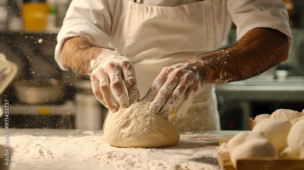 Baker kneading dough with flour. Baker kneading dough with flour.
