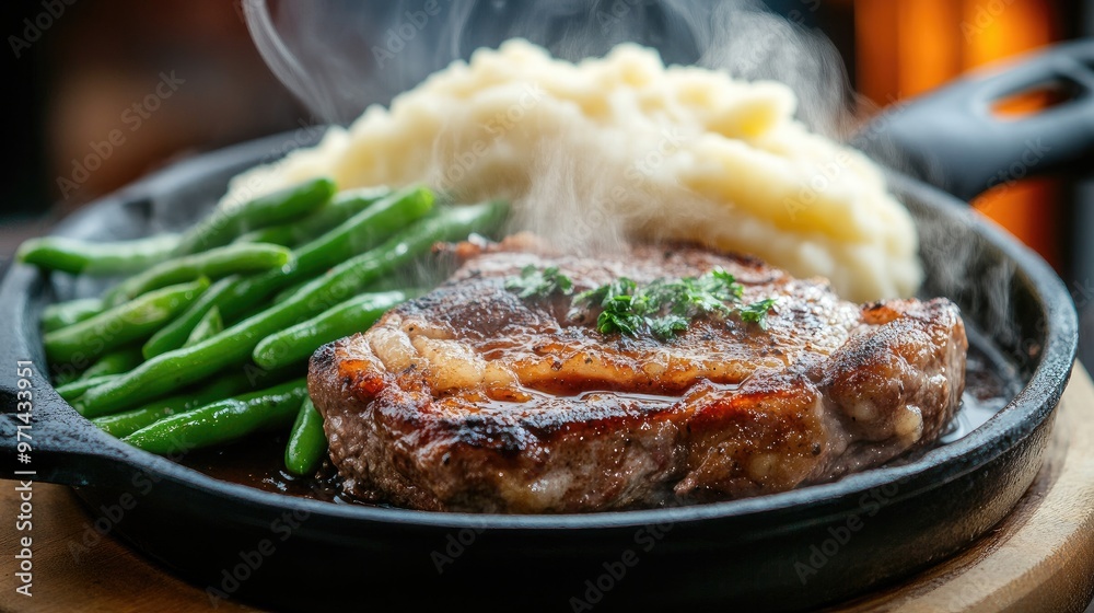 A dynamic shot of a sizzling pork steak being served on a hot skillet, with steam rising and a side of mashed potatoes and green beans. A dynamic shot of a sizzling pork steak being served on a hot skillet, with steam rising and a side of mashed potatoes and green beans.
